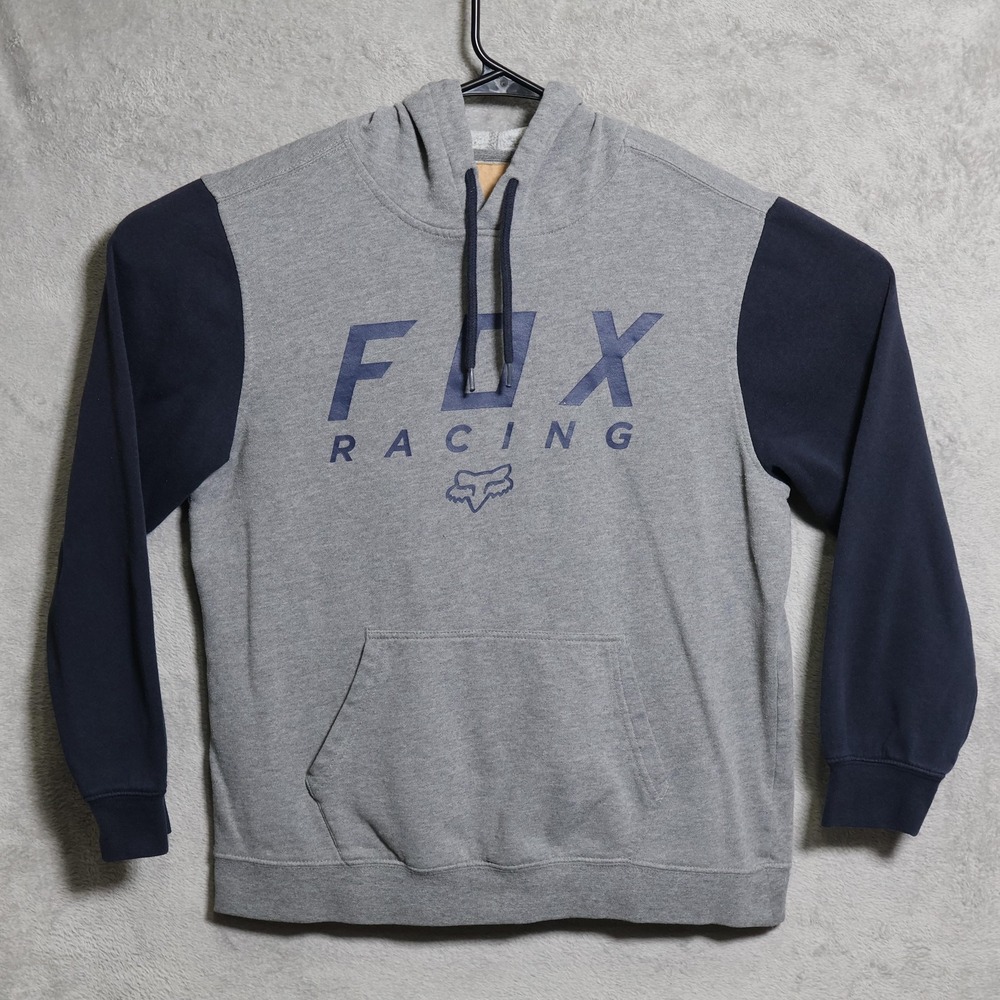 Fox Racing Hoodie Mens Medium Gray Navy Blue Pullover Graphic Logo Offroad